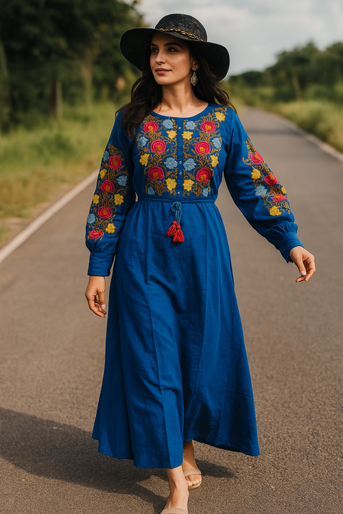 Modern Floor Long Linen Dress with Real Embroidery - Vyshyvanka - Ukrainian National Design (L) Blue at Image