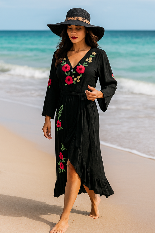 Ukrainian embroidered linen black maxi dress vyshyvanka folk art slavic | made in INDIA Image