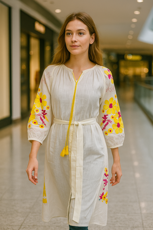 white and yallow embrodery beautiful long dress  Image
