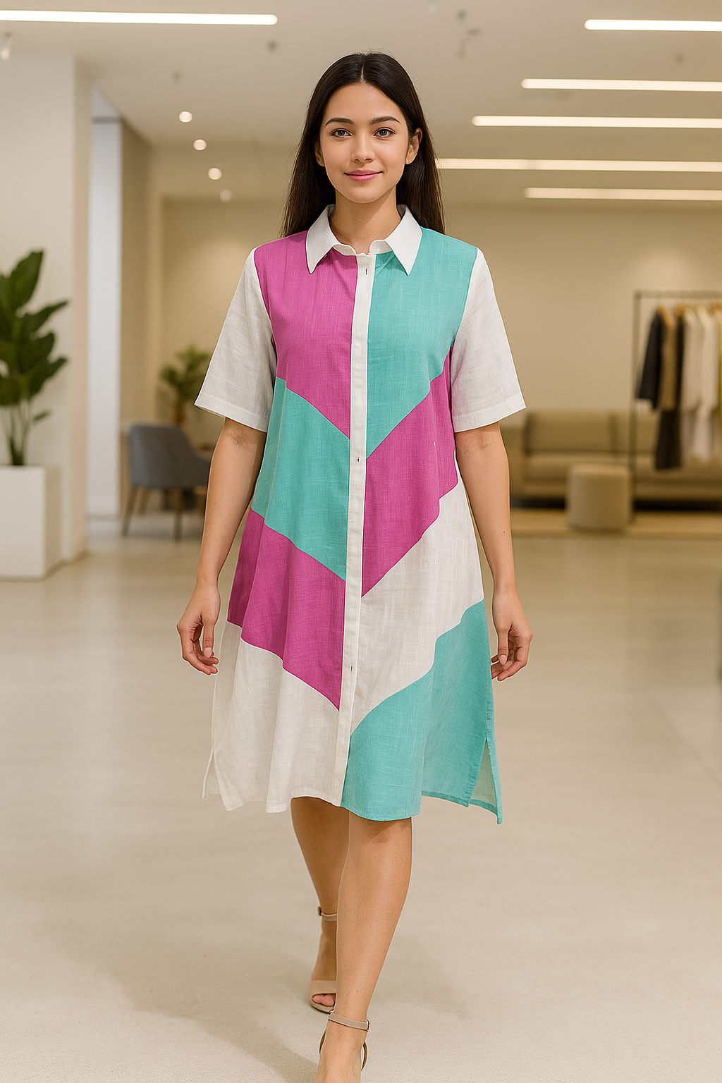 Buy DEEBACO Colourblocked Shirt Collar Shirt Dress - Dresses for Women Image