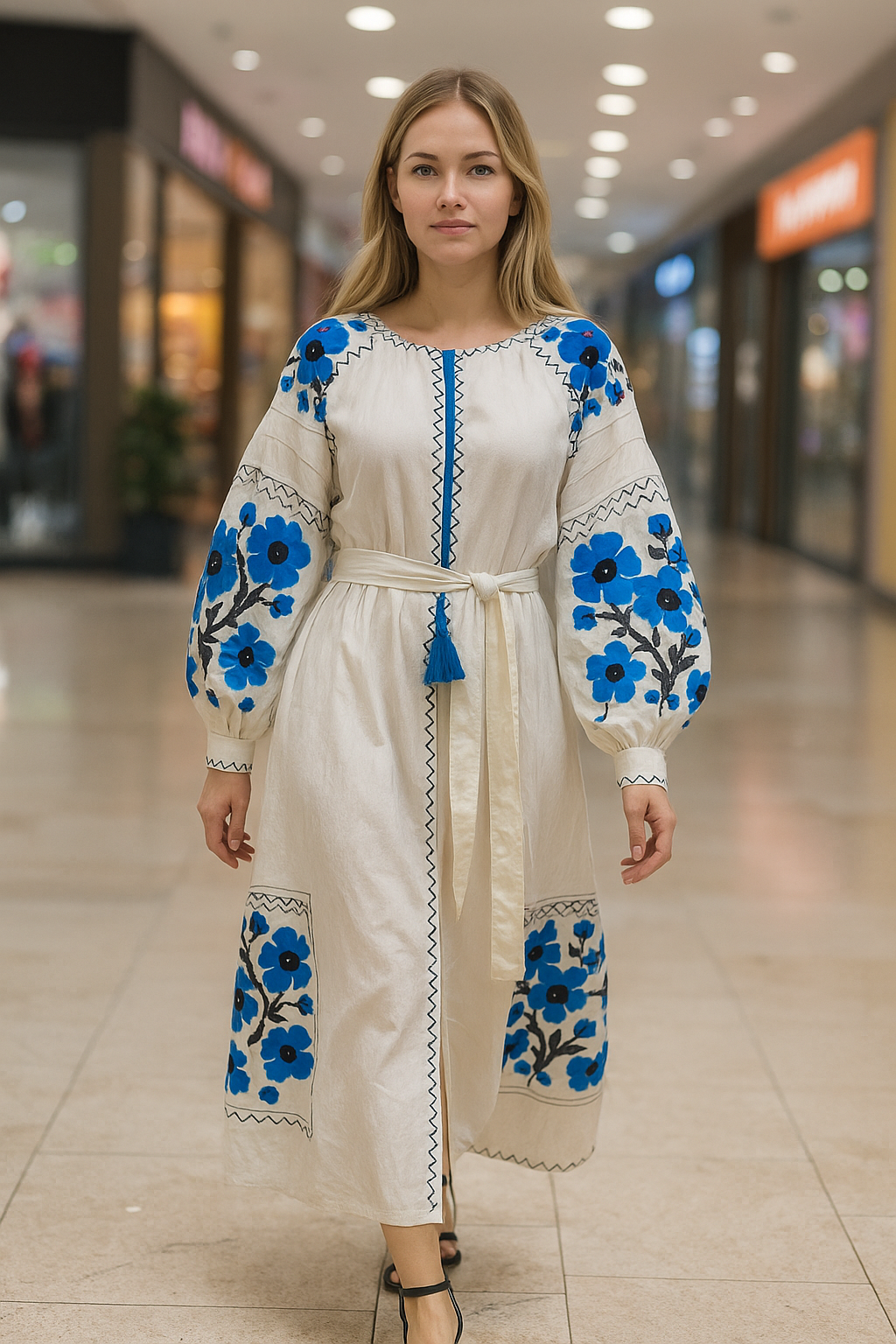 ukranian white dress with blue embrodery Image