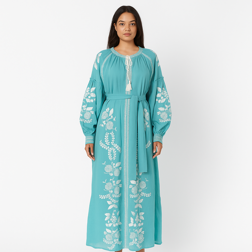 embroidered blue linen dress, modern ukrainian dress, vintage style linen shirt dress, wide skirt linen cocktail dress