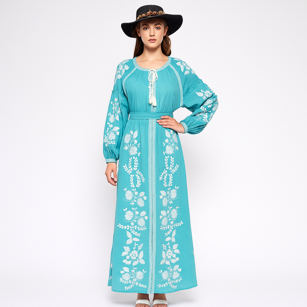 embroidered blue linen dress, modern ukrainian dress, vintage style linen shirt dress, wide skirt linen cocktail dress Image