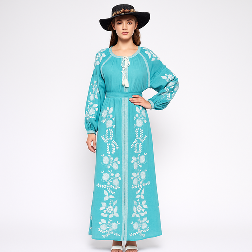 embroidered blue linen dress, modern ukrainian dress, vintage style linen shirt dress, wide skirt linen cocktail dress Image